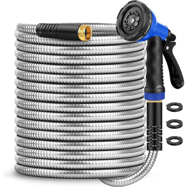 50 ft Stainless Steel Garden Hose with 10-Mode Spray Nozzle – Heavy Duty, Kink-Free